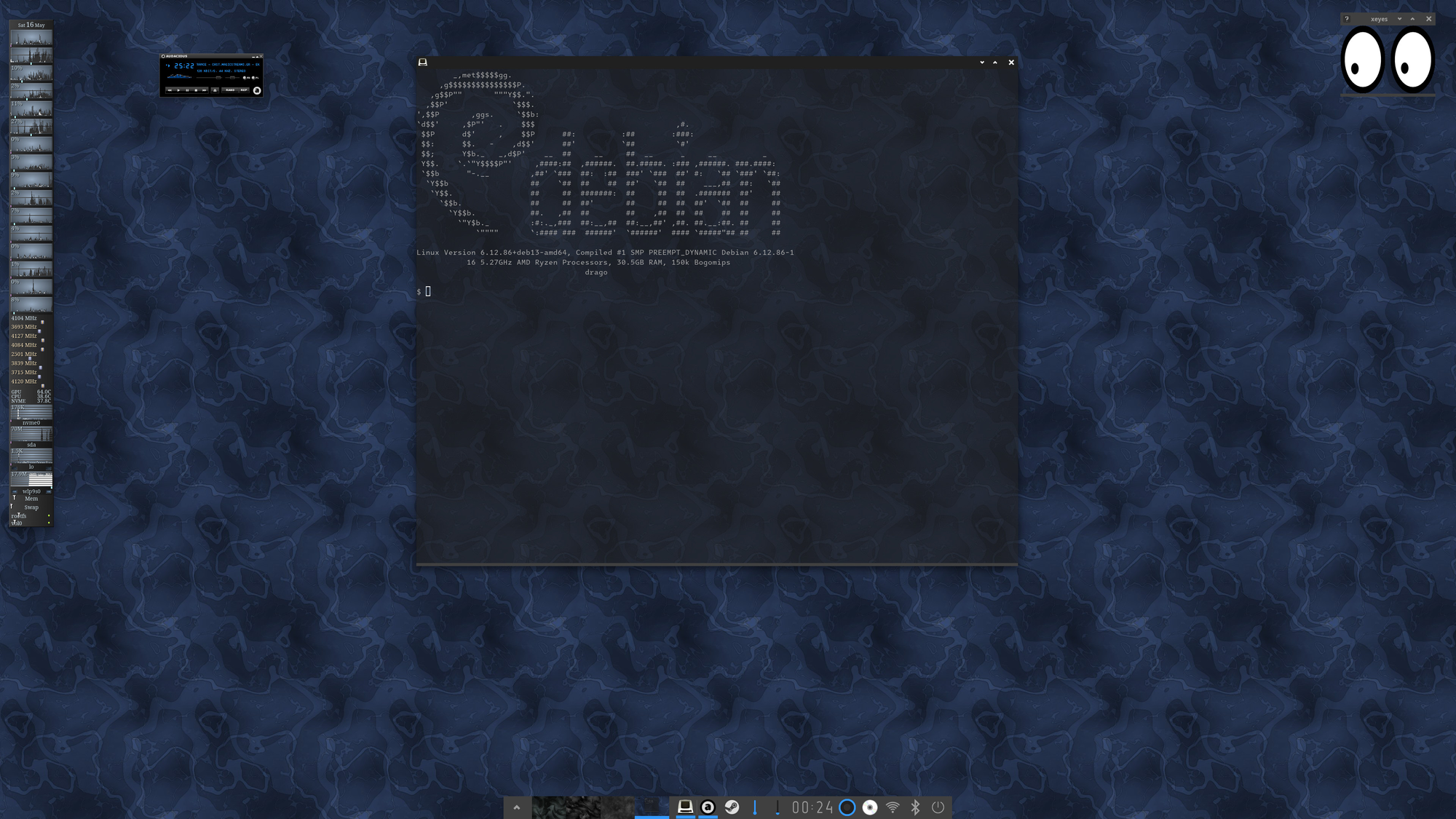 A minimal Enlightement Desktop running on Debian Trixie along with Gkrellm for system monitoring.