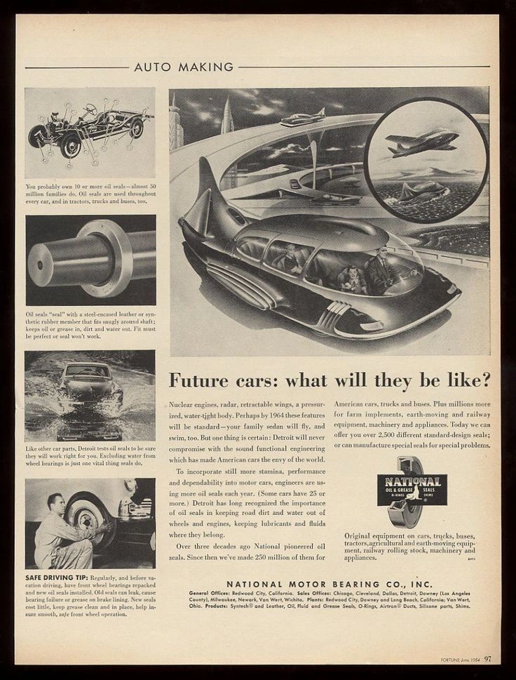 Flying, swimming, watertight, nuclear powered family sedans (1954)