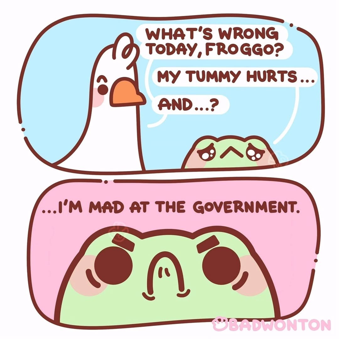 Comic of frog abd duck talking frog says he's mad at the government 