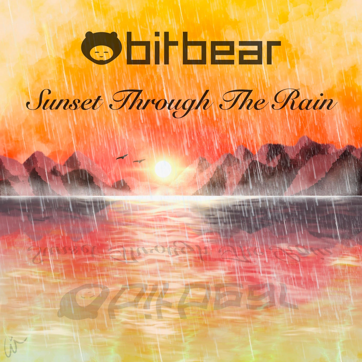 Cover art for Bitbear&rsquo;s new EP; &ldquo;Sunset Through The Rain&rdquo;. Drawing of two seagulls in the rain with the sun setting into the sea behind a mountain range in the distant horizon.