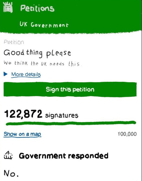 A meme showing a "Gov.UK" petition rendered in Microsoft Paint style. The petition reads, "Good thing please: We think the UK needs this" and has 122,872 signatures. Underneath, "The government responded: No."