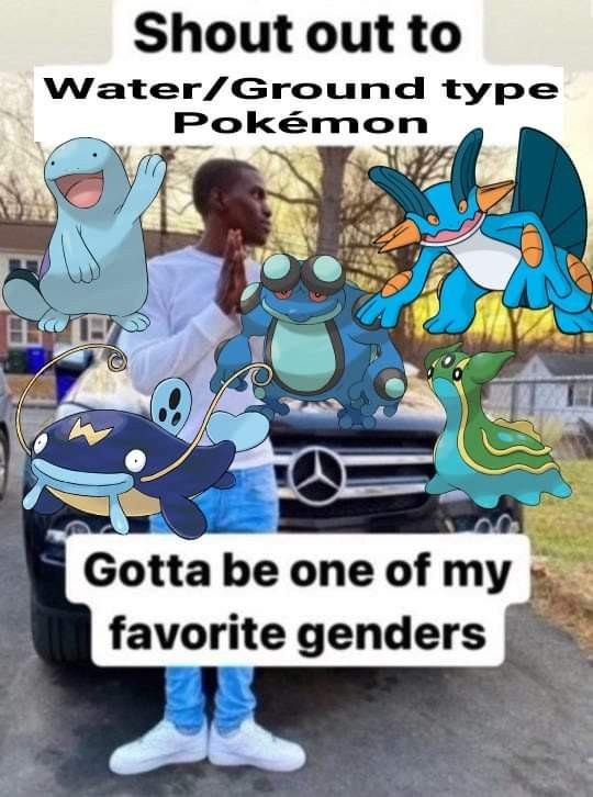 "shout out to water/ground type Pokemon / gotta be one of my favorite genders" image of several water/ground Pokemon