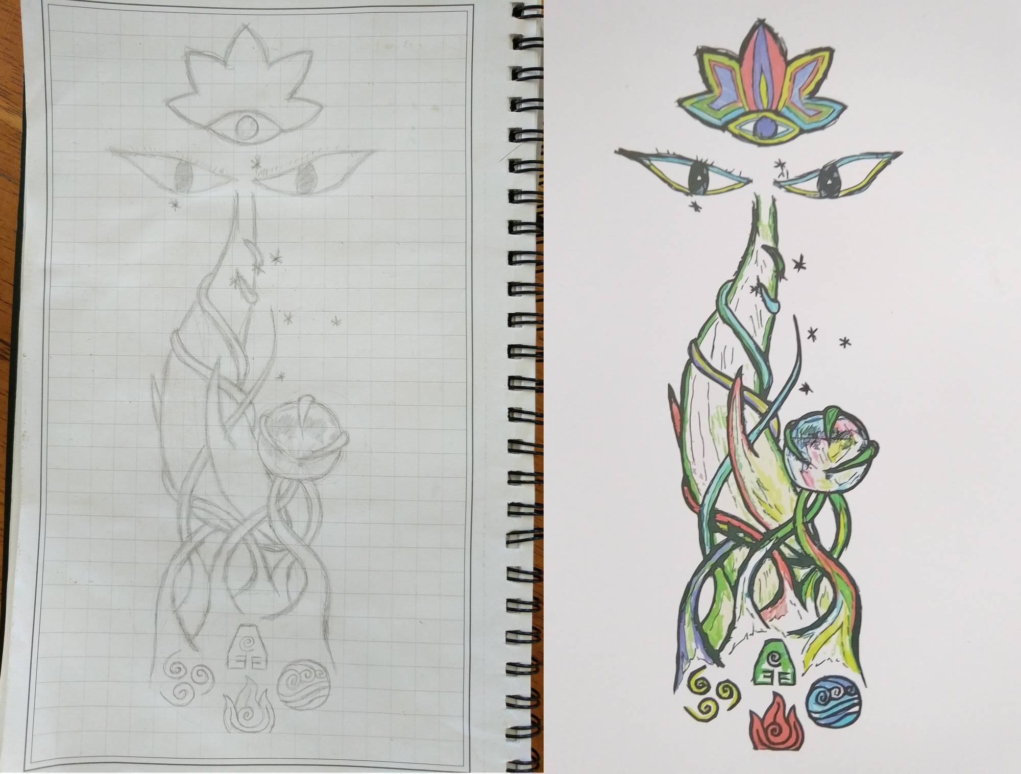 Sketch of a whale diving into vines that are growing upwards and clutching the Moon. The whale's tail are two eyes, with a 3rd eye and lotus flower above them. Below the vines are Avatar elemental symbols.