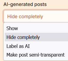 A dropdown labelled "AI-generated posts" with the options: Show, Hide completely, Label as AI, Make post semi-transparent