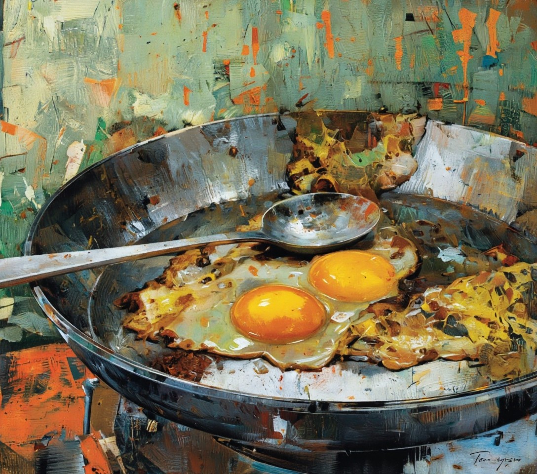 Two burnt fried eggs with bright orange-yellow yolks cooking in a dark, burnt skillet next to a metal spoon that rests diagonally across the pan. The composition is executed in expressive brushstrokes with visible texture, using a palette of sage greens, grays, whites, oranges, and yellows. The background features an abstract environment, with loose vertical and horizontal strokes in muted teal and cream tones interspersed with orange. 