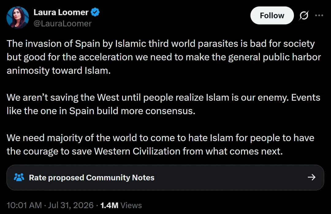 Islamophobia is manufactured to protect Israel &ndash; Laura Loomer admits the goal is hatred