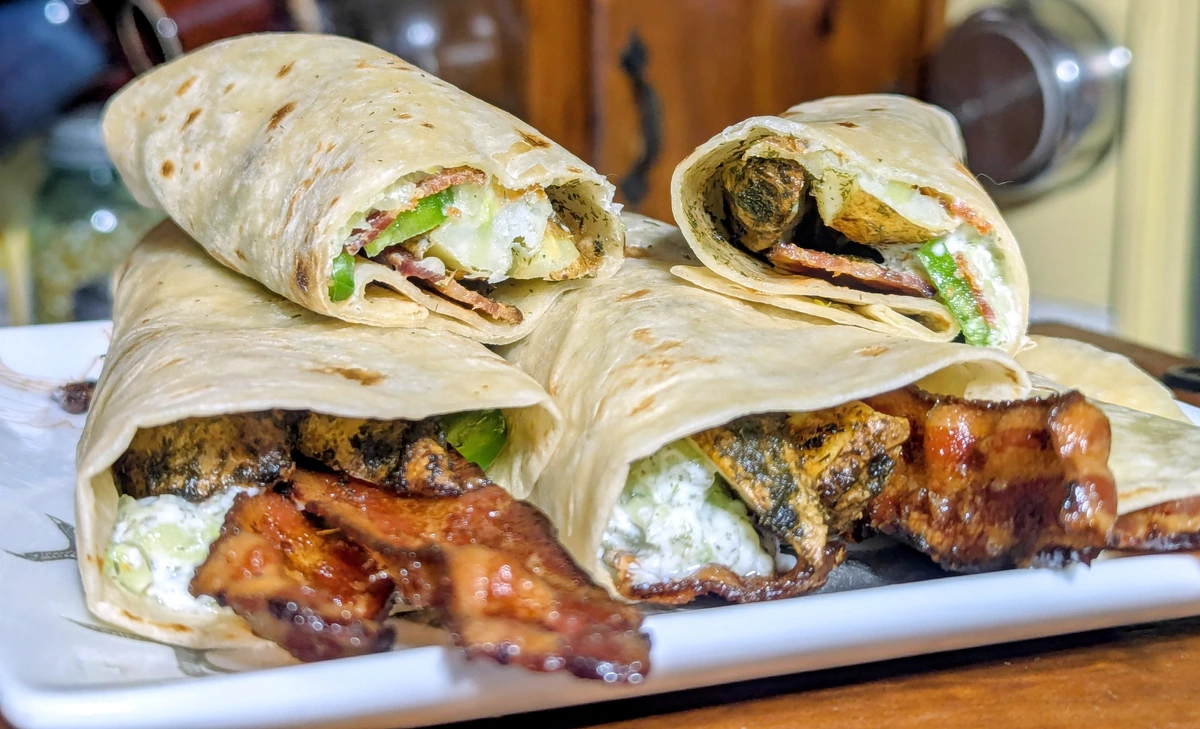 Greek potato bacon wraps.