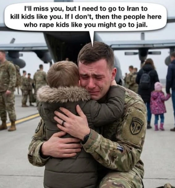 Enlister hugging a kid🗨️I’ll miss you, but I need to go to Iran to kill kids like pou. If I don't, then the people here who rape kids like you might go to jail.
