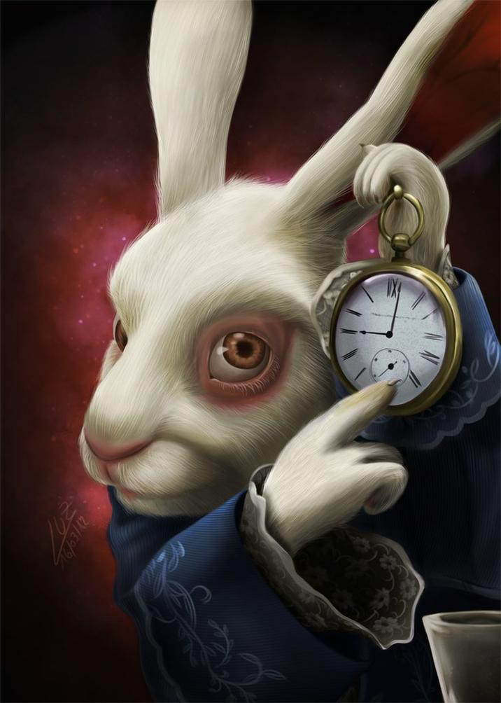 a meme image that is described in the original post, it features a drawing of the white rabbit from Alice in Wonderland, pointing at a pocket watch. The Pocket watch appears to read 9:02.