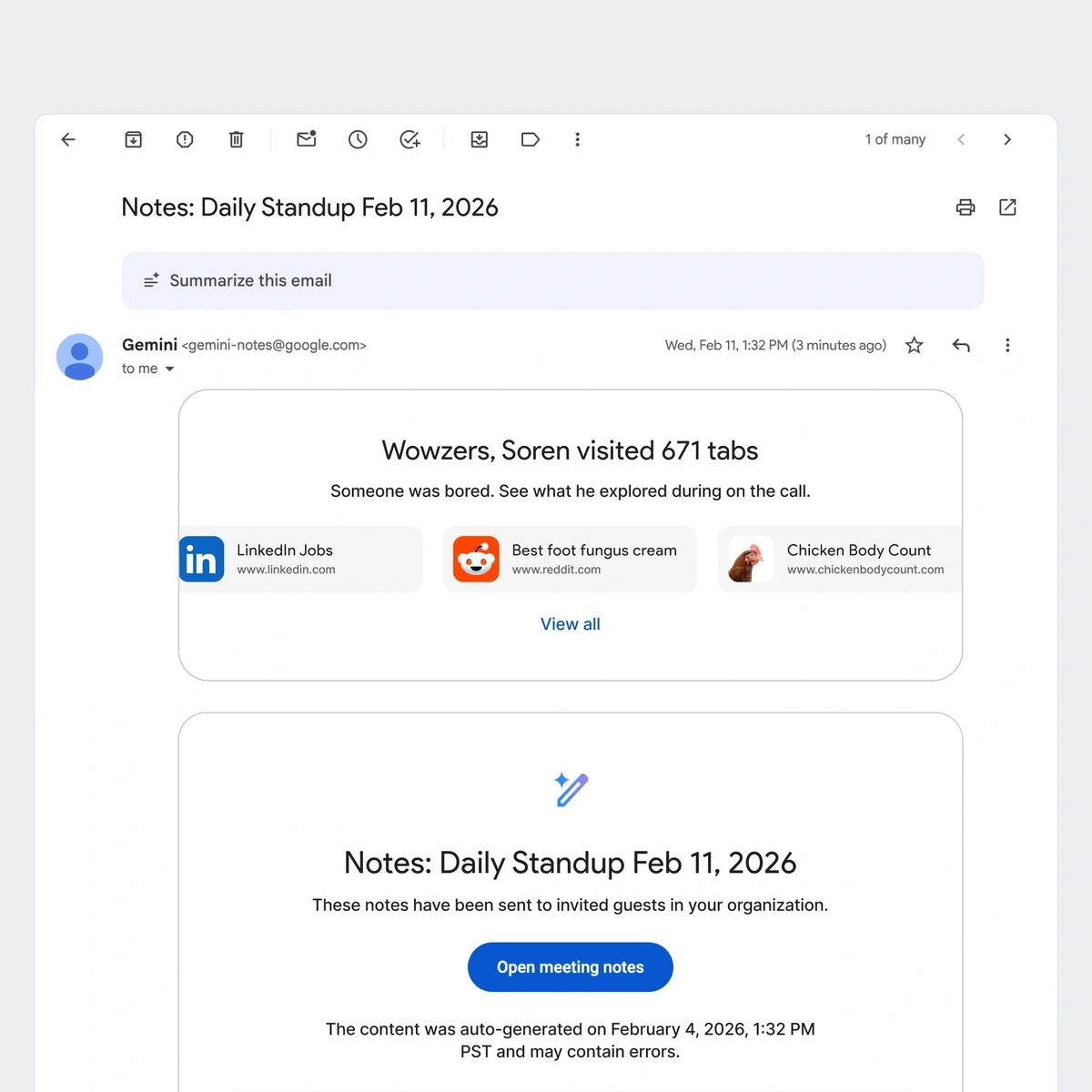 AI summary of meeting attendees' browser activity (satire)