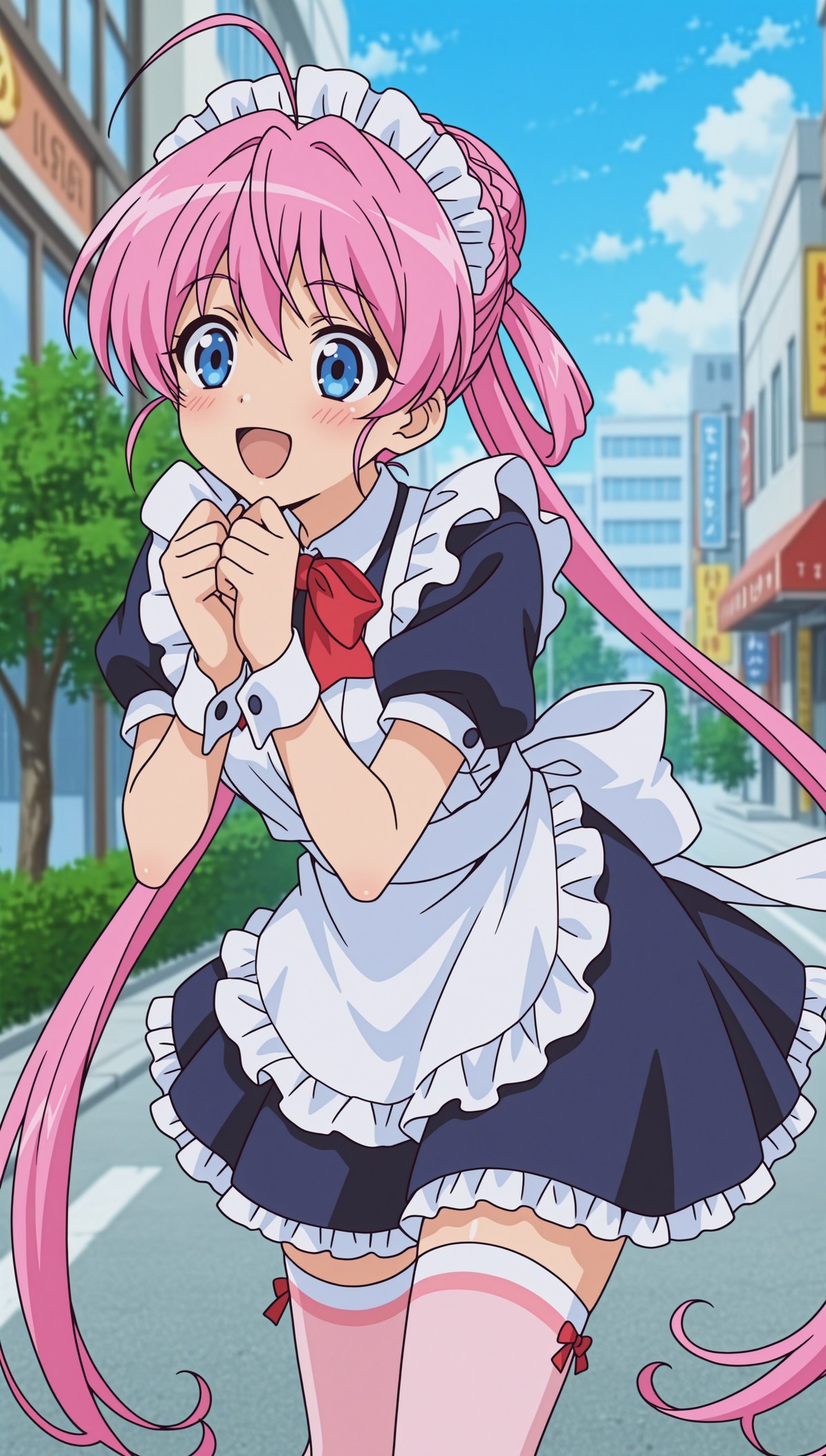 A young woman with blue eyes, long pink hair, and an excited, open-mouthed smile is standing on a city street and clasping her hands together in front of her chest. Her outfit is a maid uniform, which includes a short-sleeved dark blue dress, a white frilly apron, a white frilly headband, a red bow tie, and pink thigh-high stockings with red garter bows. The background is a modern city street with storefronts, sidewalks, and buildings under a clear blue sky with white clouds.