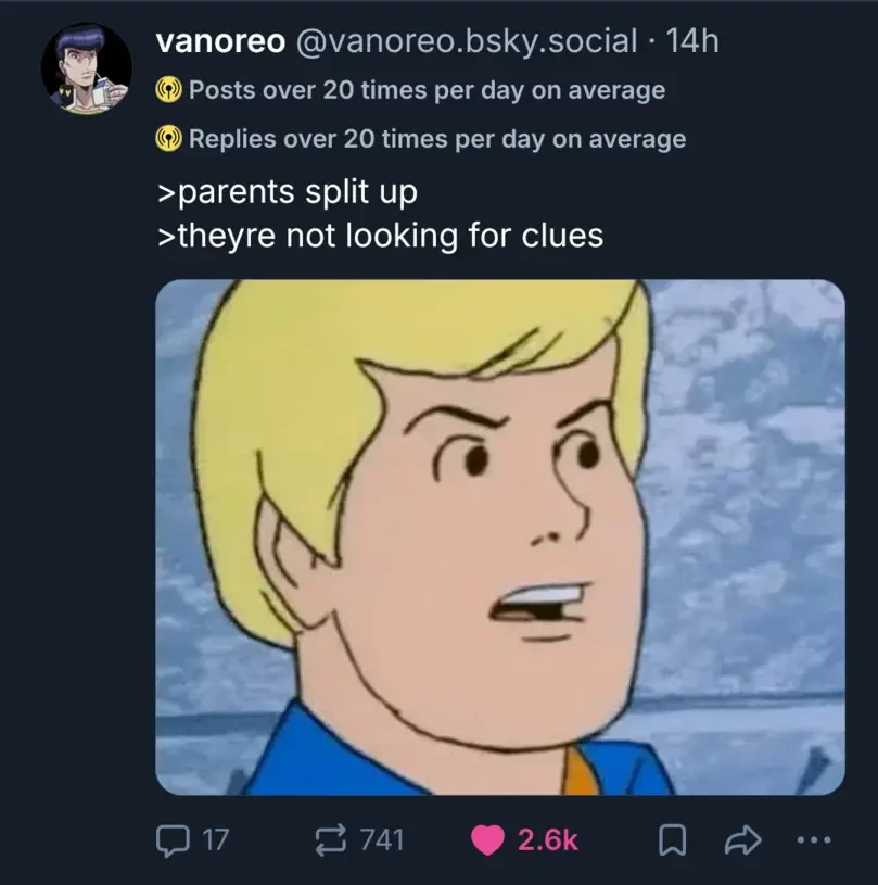 @vanoreo.bsky.social posts an image of Fred from Scooby Doo with the caption: "Parents split up. They're not looking for clues".