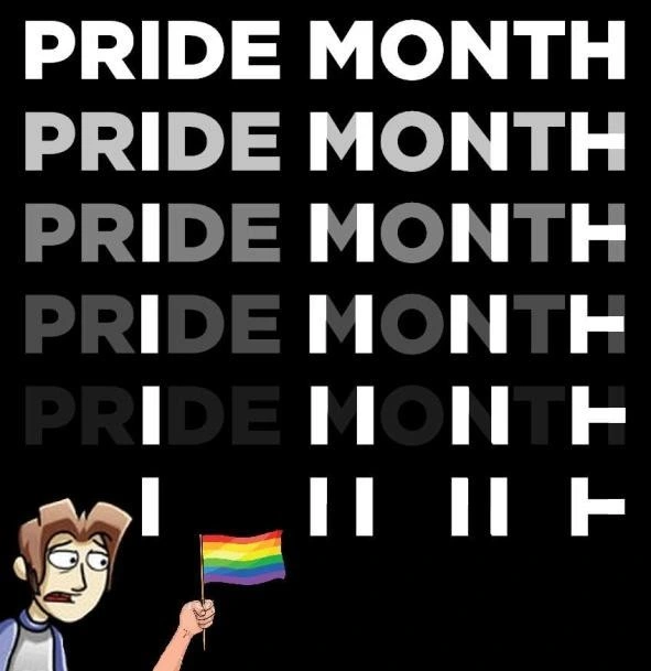 Picture of the lettering "Pride Month" turning into the Loss meme