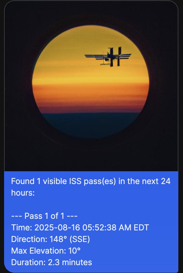 Playing around on my homelab: Tracking ISS with n8n, Signal-cli, python, Gemini, and Automatic1111