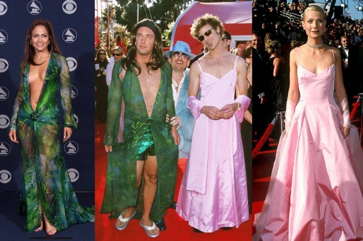 Two beautiful people in dresses bookended by Jennifer Lopez and Gwyneth Paltrow..