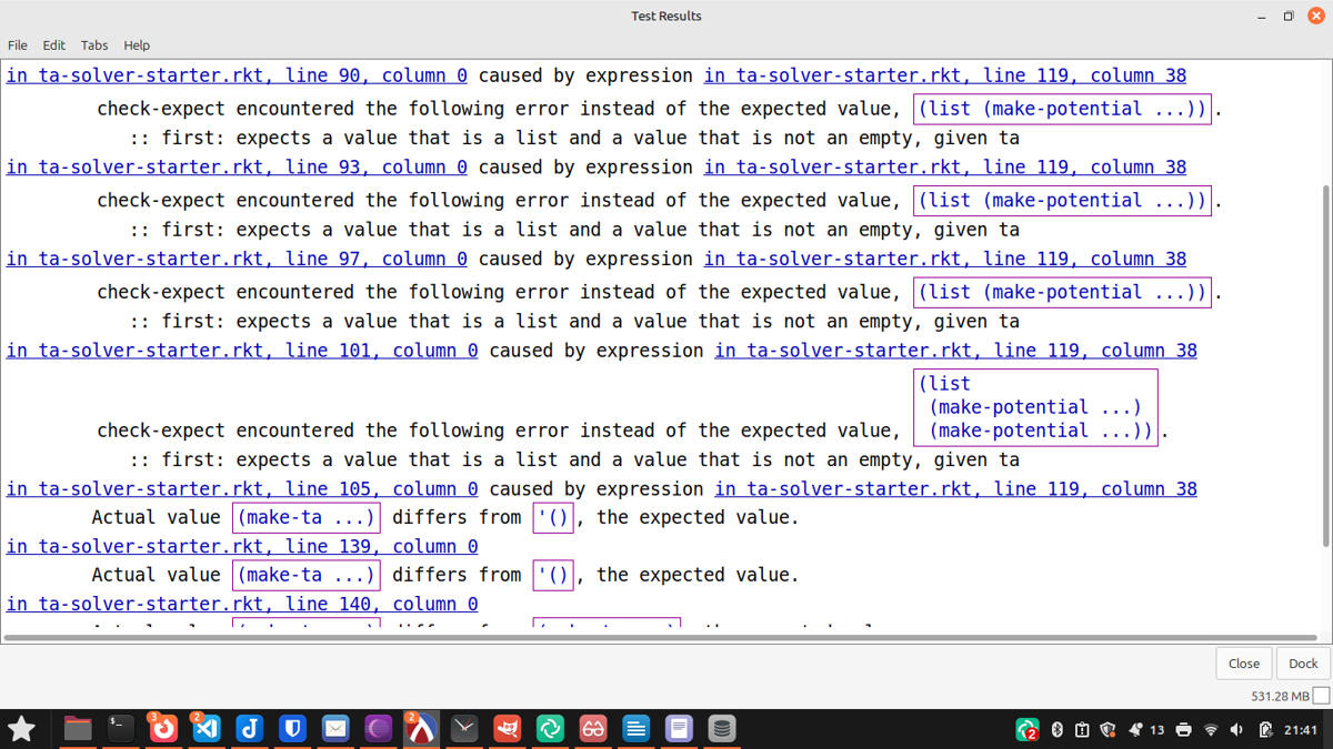 Actual value (make-ta ...) differs from (make-ta ...), the expected value.