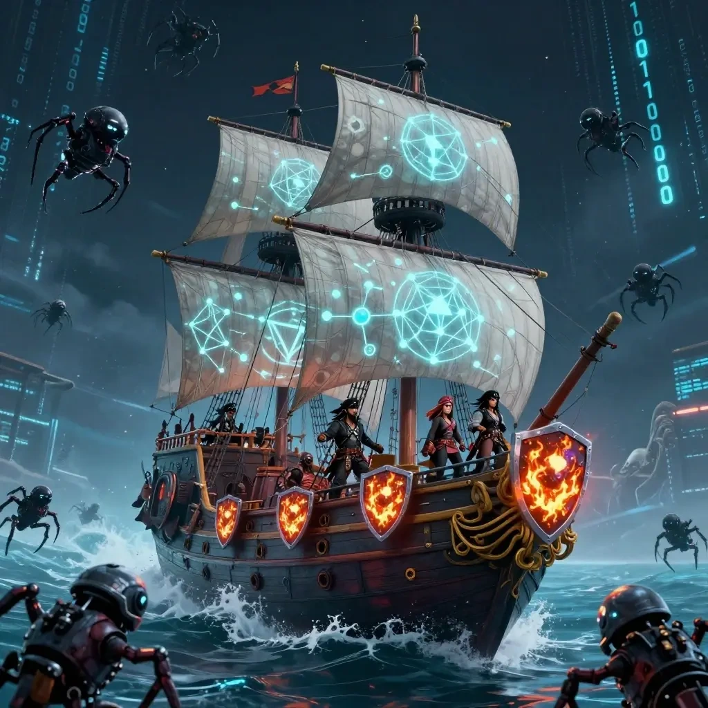 A pirate/anarhcist-themed fediverse server depicted as a massive cyberpunk galleon floating in cyberspace, its sails glowing with decentralized network symbols. The ship&rsquo;s crew of quirky digital pirates and anarchists, male and female guard the deck with firewalls shaped like glowing shields, fending off swarms of sinister, mechanical scraping bots that look like spider-like machines trying to climb aboard. The background is a stormy digital ocean filled with binary waves