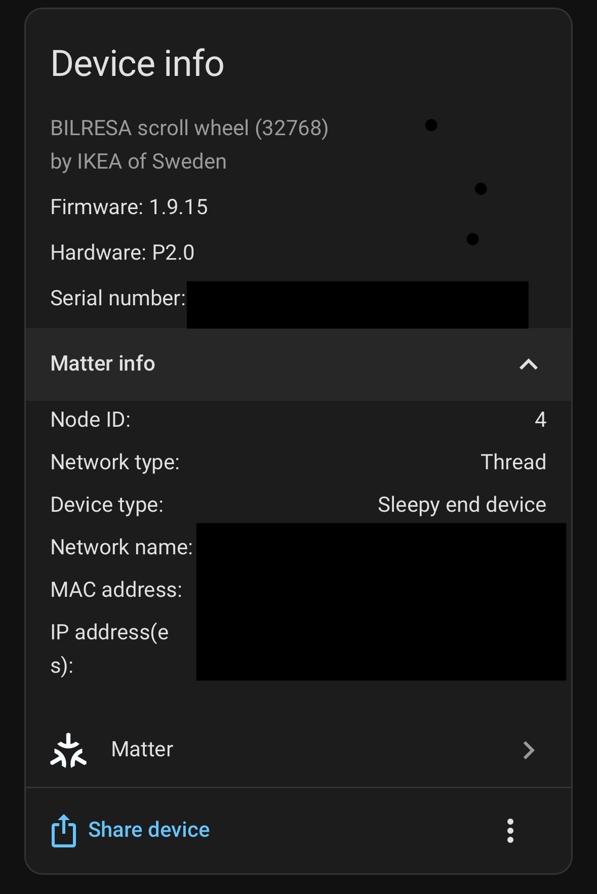 IKEA Bilresa scroll wheel device in Home Assistant, showing the device’s Matter network as Thread.