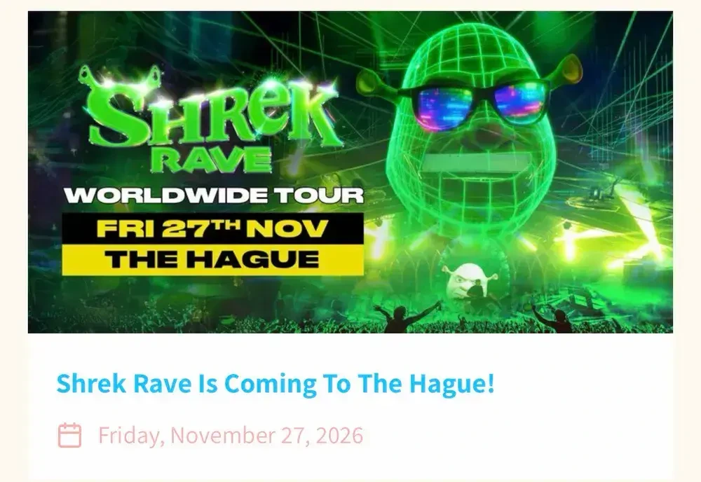 A blog post titled "Shrek Rave is Coming to the Hague!".