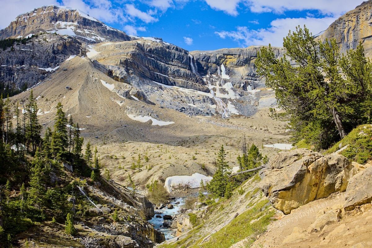 The first view into the bowl that you see after the stair and hill section.  St Nicholas peak is the tall one on the left, with the falls turning into Bow creek in the center.