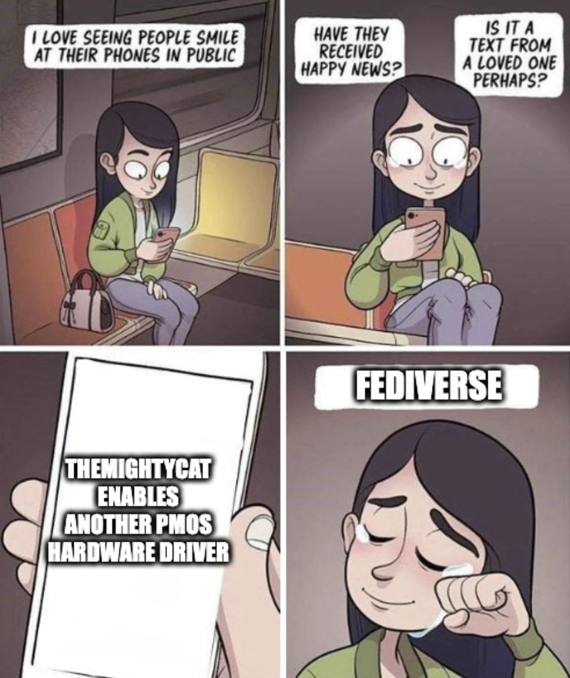 I love seeing people smile at their phones in public. Have they received happy news? Is it a text from a loved one perhaps? Themightycat enables another pmos hardware driver. The fediverse cries tears of joy.